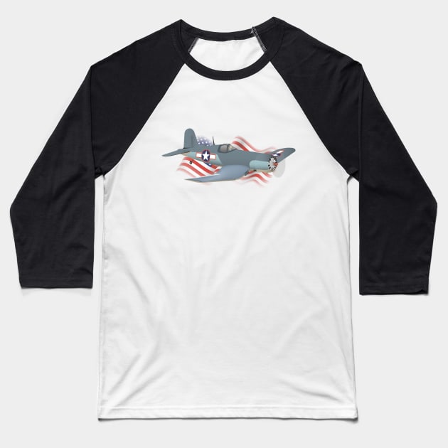 Corsair WWII Airplane with American Flag Baseball T-Shirt by NorseTech